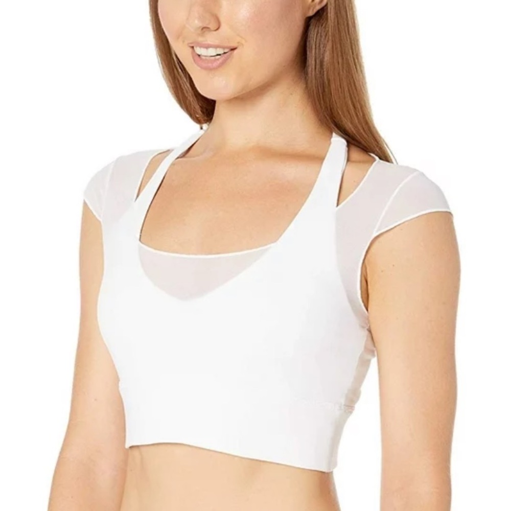 Alo yoga white joyful sports bra racer back with sheer mesh cap sleeve crop top